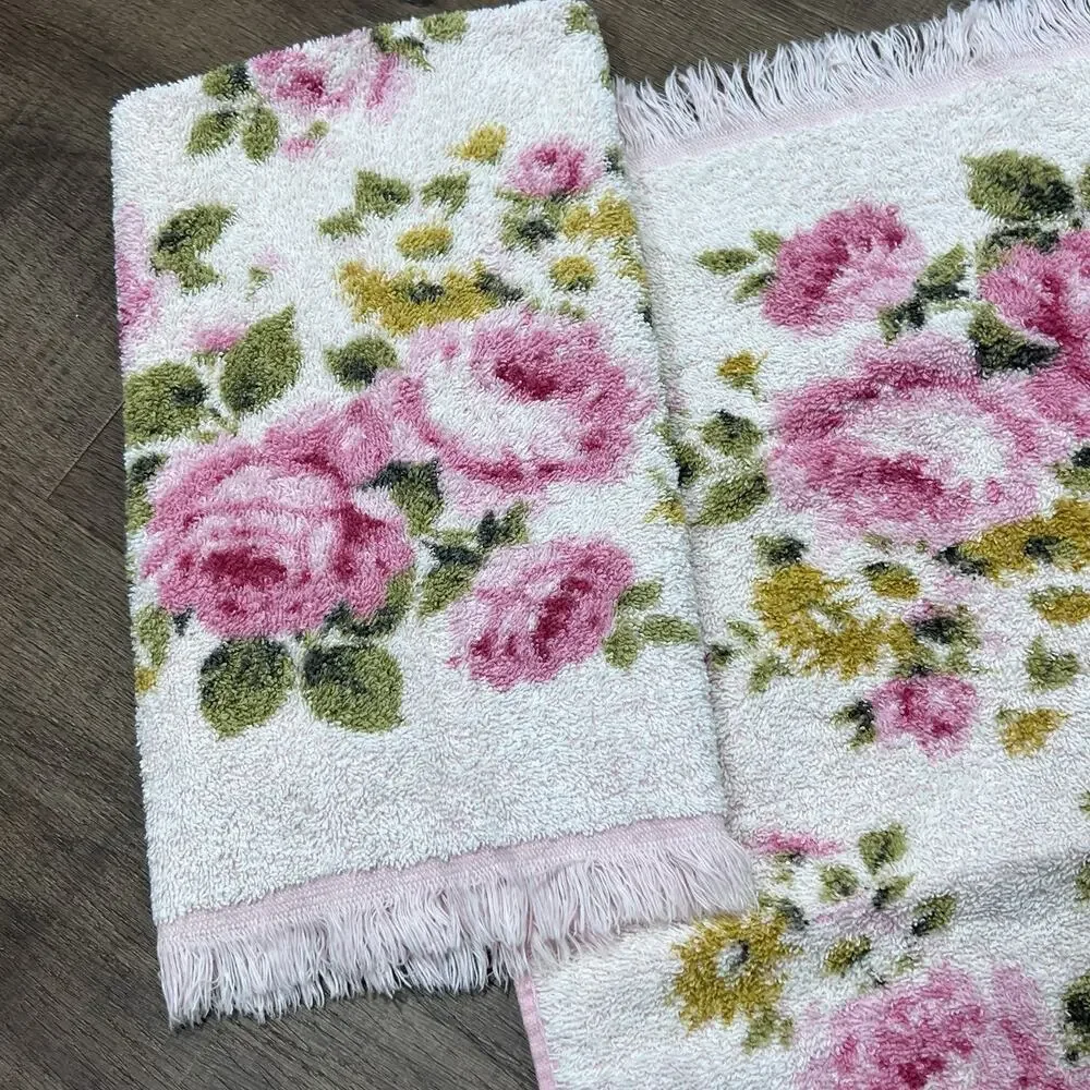 Set 2 Vtg st Marys Pink Green Floral Rose Bath Hand Towels Fringe Cotton 18x24